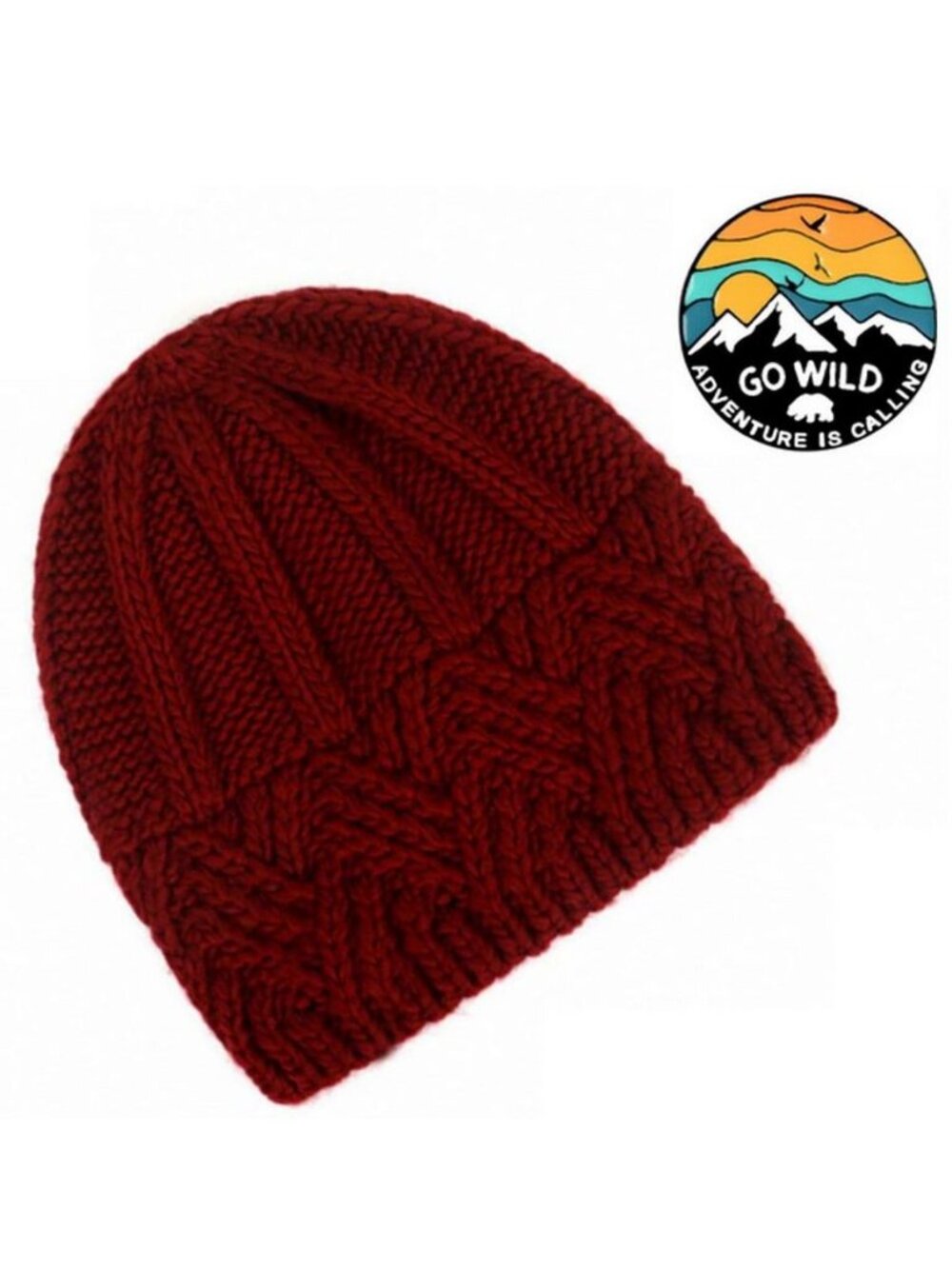 Whitney Wine Red Crochet Knit Beanie and Mountain Pin Set Gift Packaged